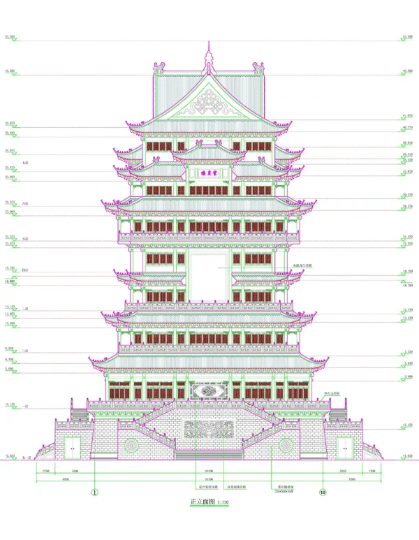 The front elevation of a seven - storey pavilion