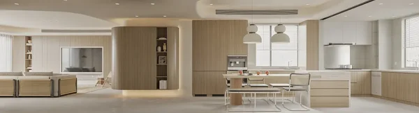 Decoration of a large dining room with a kitchen in natural wood tones