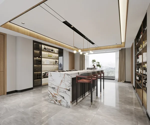 Renderings of the decoration of a milkshake - style bar liquor cabinet