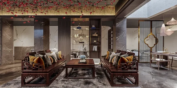 Renderings of the decoration of a mahogany - furnished living - room - cum - tea room