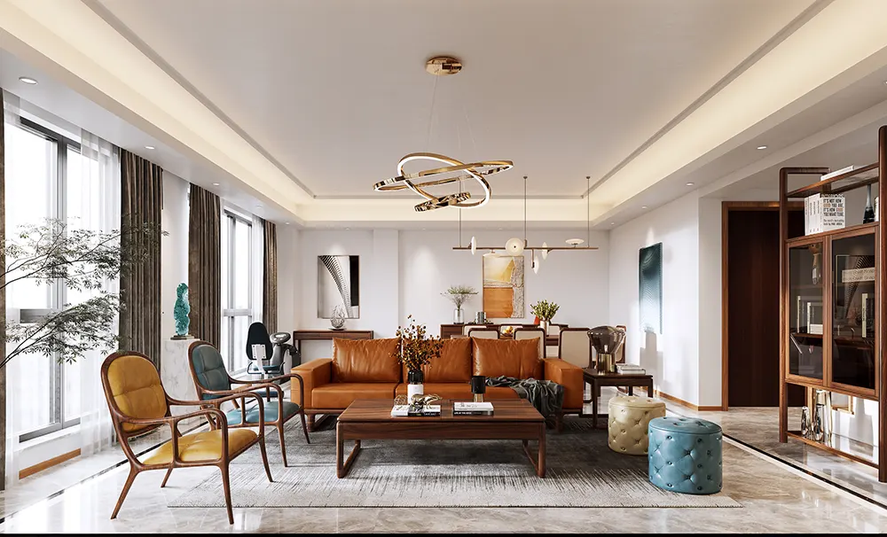 Effect of an orange genuine leather sofa with a milk - shake - colored background