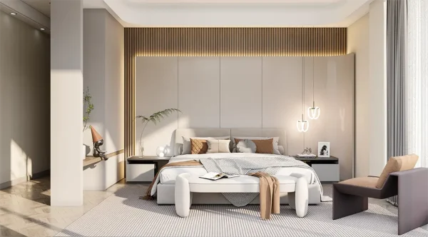 ighting effects of a bedroom in light tones