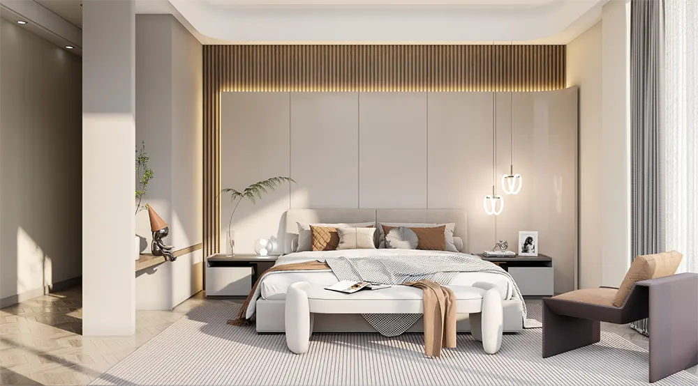 ighting effects of a bedroom in light tones