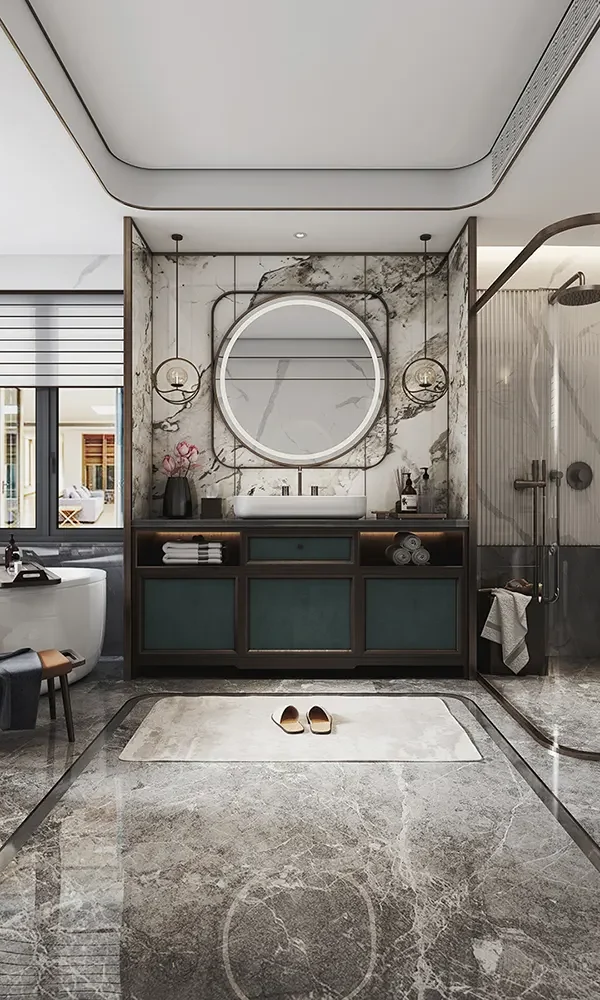 A bathroom with a three - way separation of the shower area