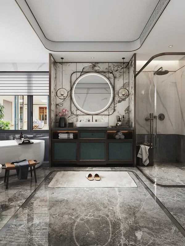 A bathroom with a three - way separation of the shower area