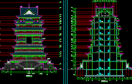 Elevation and section of a seven-storey pavilion/building